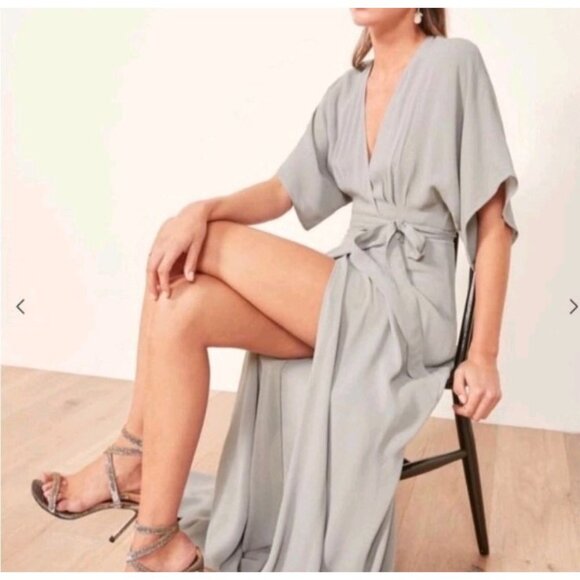 Reformation Winslow Wrap Maxi Dress Fog Gray Size S Kimono Sleeve Boho Long Gown - Picture 2 of 16